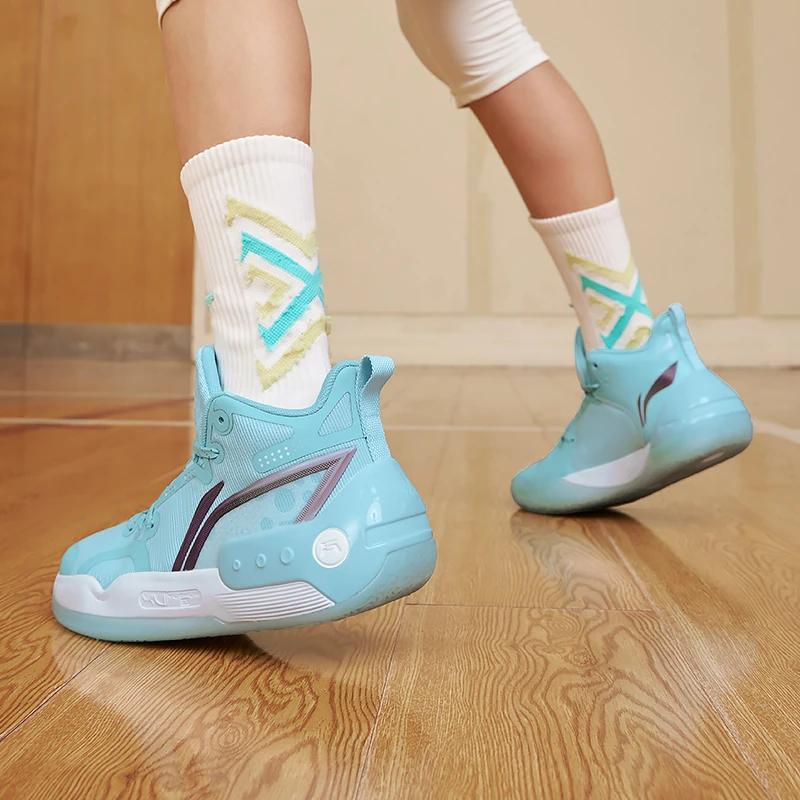 Li Ning Yu Shuai 16 Anti-Slip Shock Absorbing Durable Rebound Mid-Top Basketball Shoes Kids Basketball Shoes Ice-Blue YKBS100-3