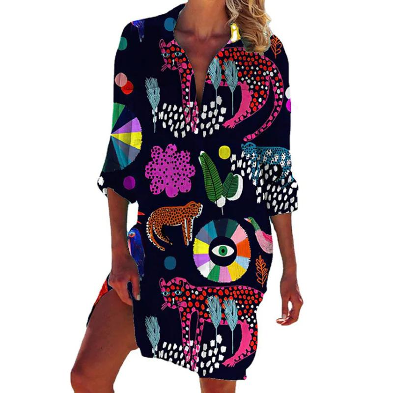 

Women s Long Sleeve Lapel Bikini Swimsuit Printed Beach Shirt Clothes Sale S чёрный