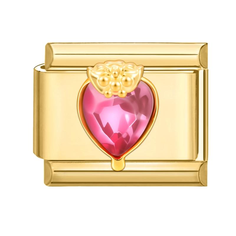 

Shiny Gold Color Zircon Rose Heart Cherry Crown Star Bee Italian Charm Links Fit 9MM Stainless Steel Bracelet Women DIY Making