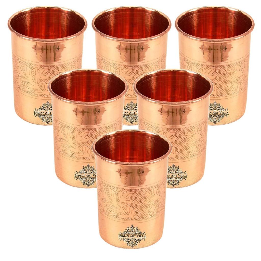 Copper Water Glasses with Embossed Design, Drinkware & Serveware, Ayurvedic Health Benefits, 300 ml Capacity, Set of 6