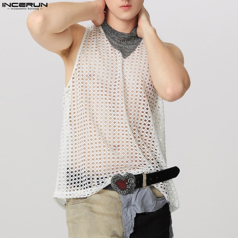 INCERUN Men Summer Hollow Sleeveless Vest Casual Loose Party Beach Net Yarn Tank Tops