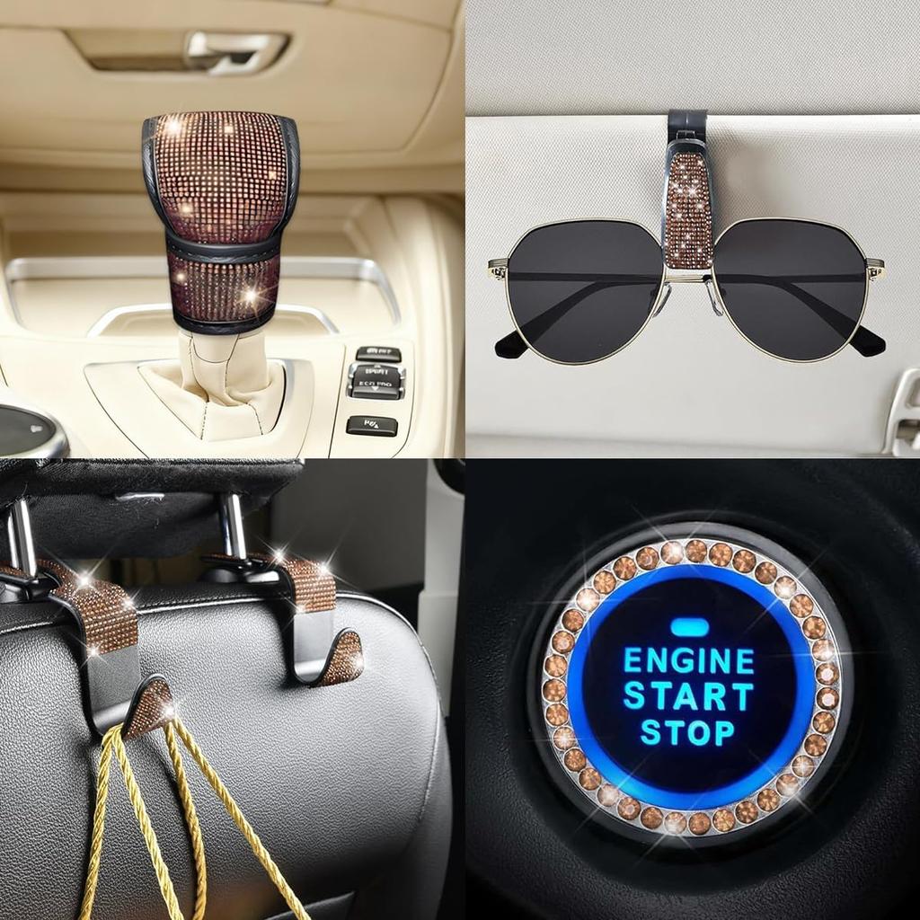 11PCS/Set Bling Car Accessories Set for Women, Rhinestone Vehicle Steering Wheel Cover Seat Belt Cushion Gear Shift Protector Cup Holder Coaster,