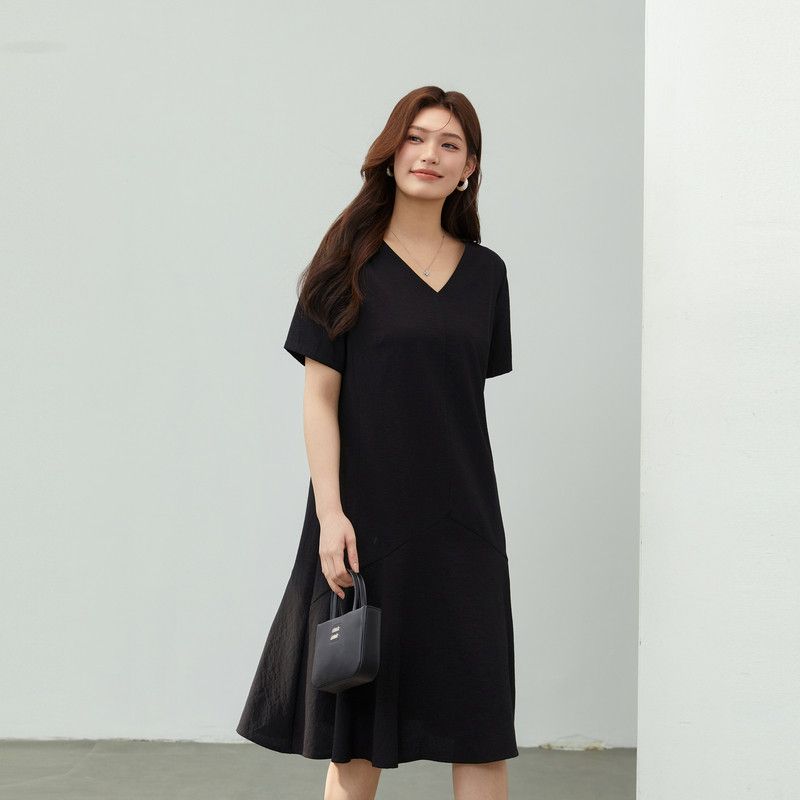 [Fog Listening Style] Oruo Style V Neck Texture Holiday Dress Qlx Plus Size Plus Size Ladies Summer Clothing New Arrival