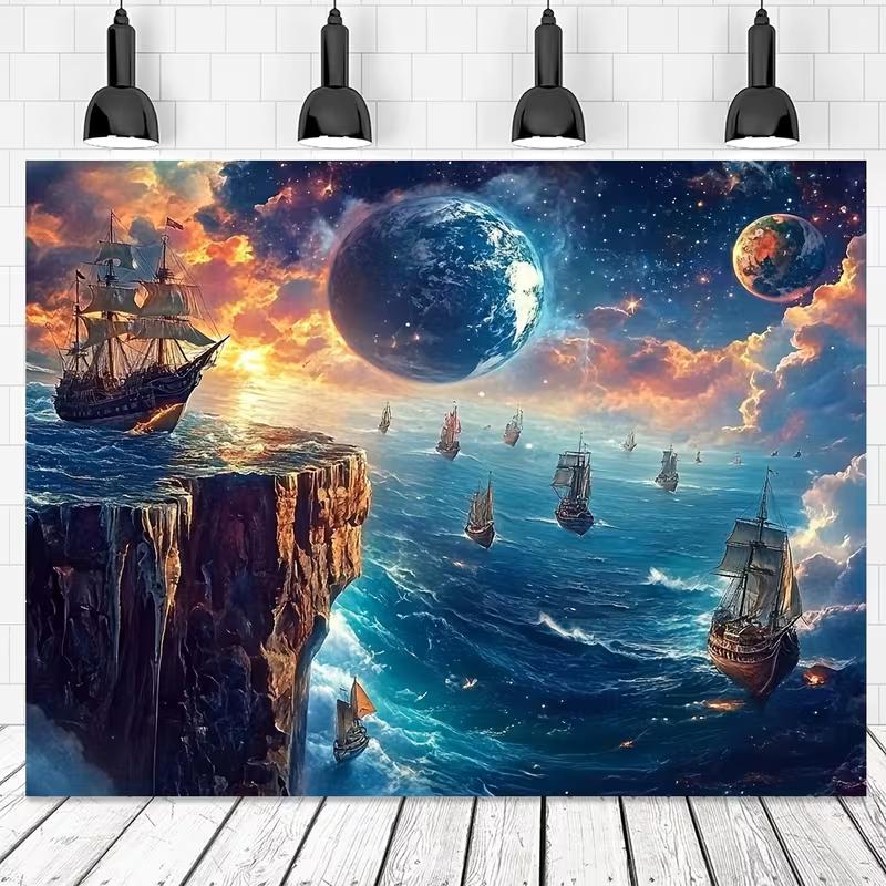 2D Magical Sea Adventure Backdrop Vintage Sailing Ships Photo Booth Banner