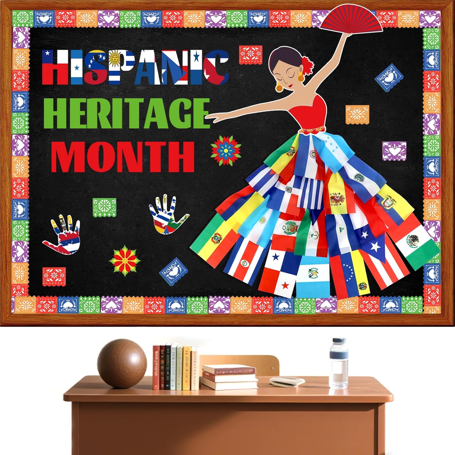 Hispanic Heritage Month Decorations Bulletin Board Set, Spanish Heritage Month Bulletin Board with Latin n Flags Board Border Paper Flowers, Spanish