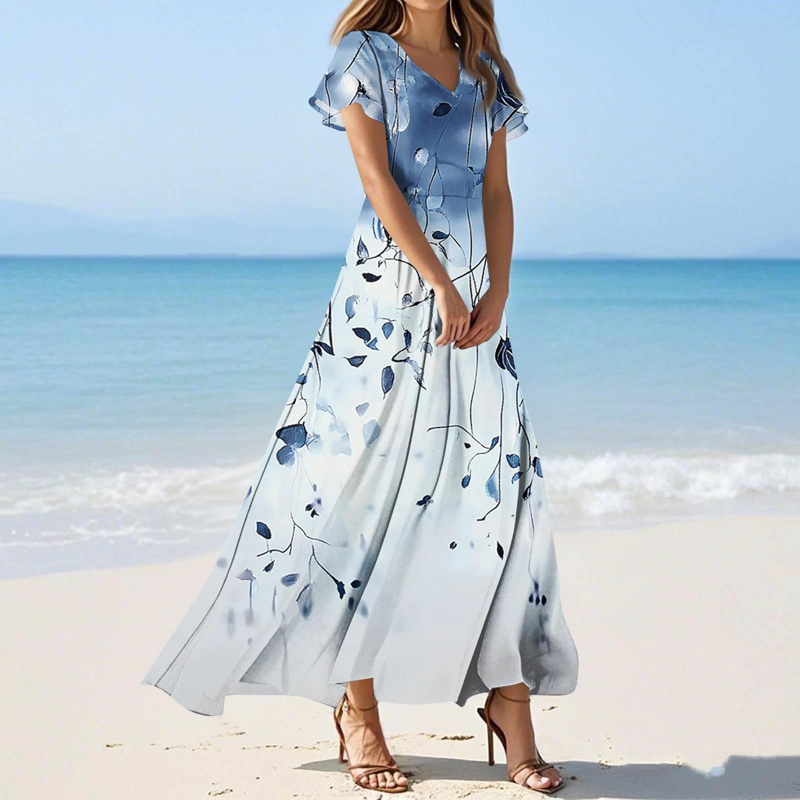 

Женские повседневные модные длинные платья с принтом, платья с V-образным вырезом и коротким рукавом XXL синий
