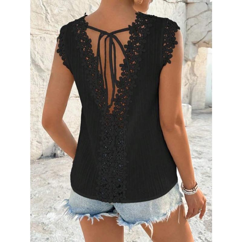V-hals Rugloze Patchwork Uitgesneden Kant Blouse Zomer Nieuwe Kraag Vest Top voor Dames Losse Mouwloze Shirts Zoet Effen Kleur Casual Losse Kleding