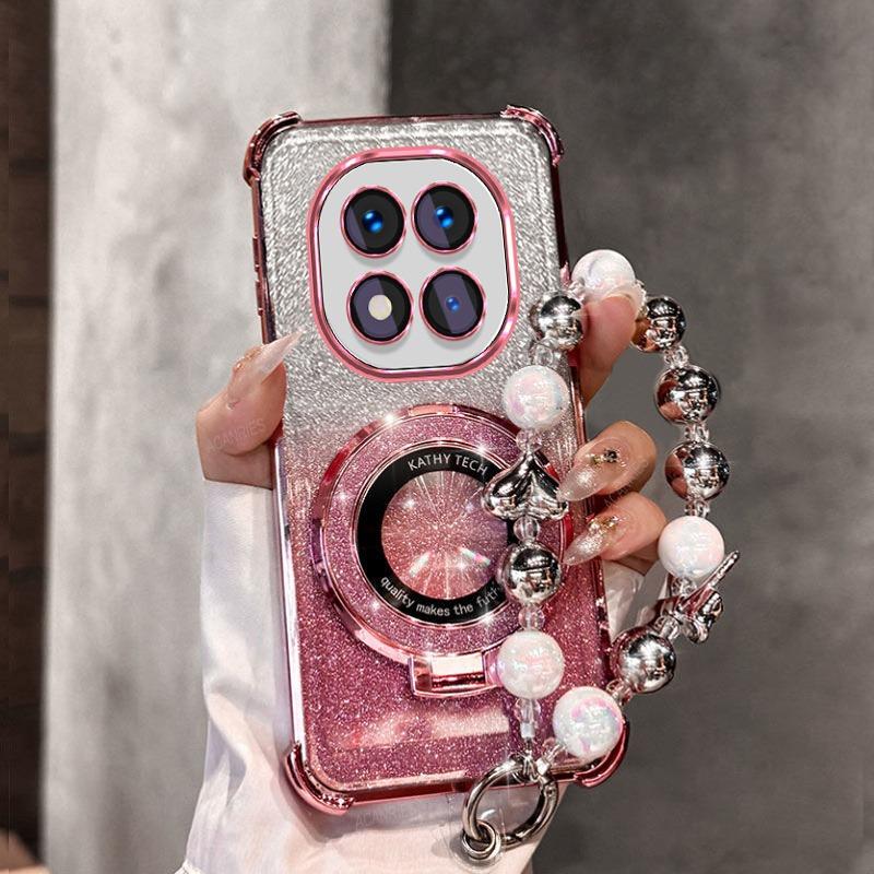 Glitter Magnetic Holder Bracket Phone Case For Xiaomi Redmi Note 14 15 Pro Plus 15 15C 14C 14S 4G 5G Bow Bracelet Silicone Cover