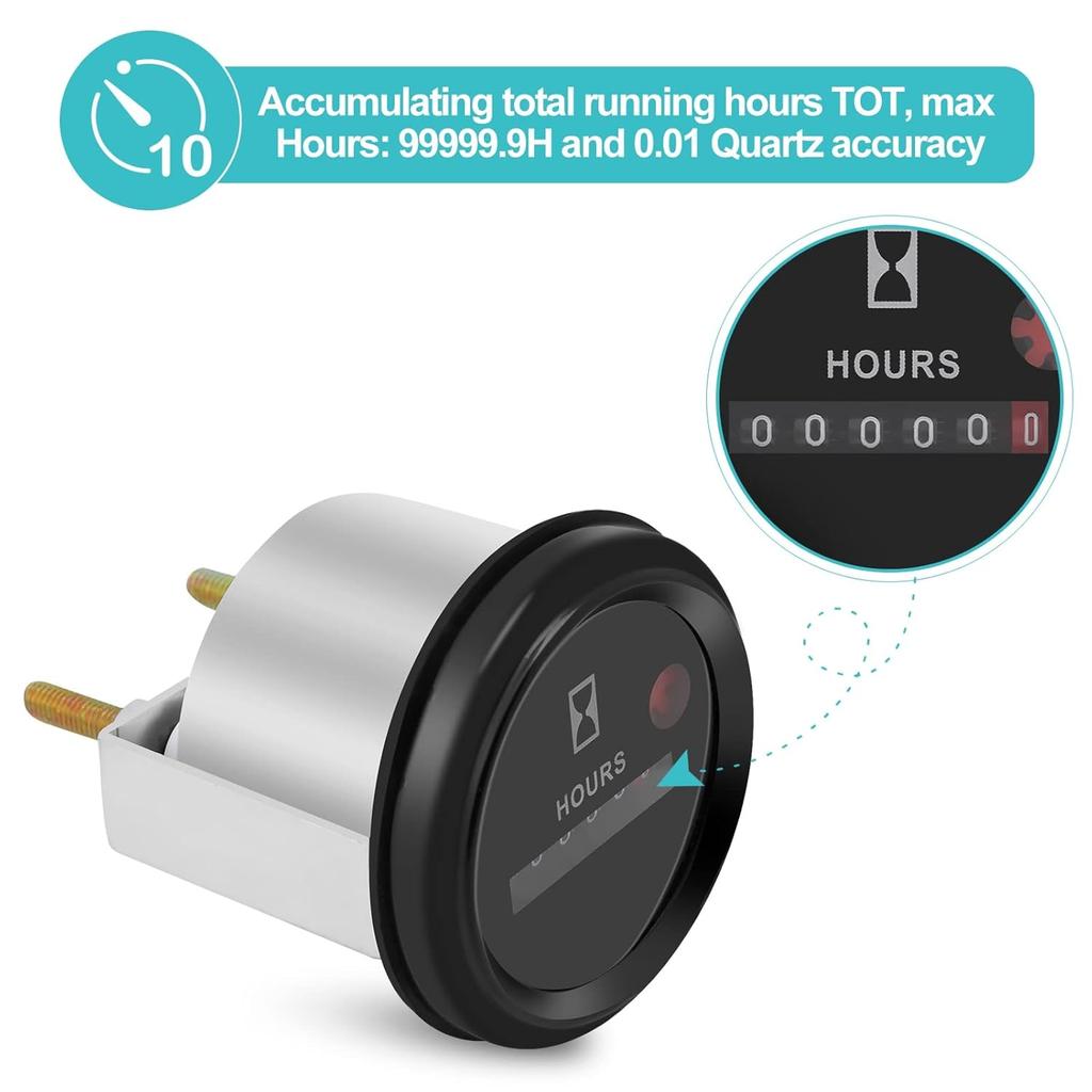 Quartz Hour Meter, 12-36V DC AC Mechanical Round Hour Meter Waterproof Hour Gauge for Boat Auto Snowmobile Lawn Tractors Generators Car Truck Engine