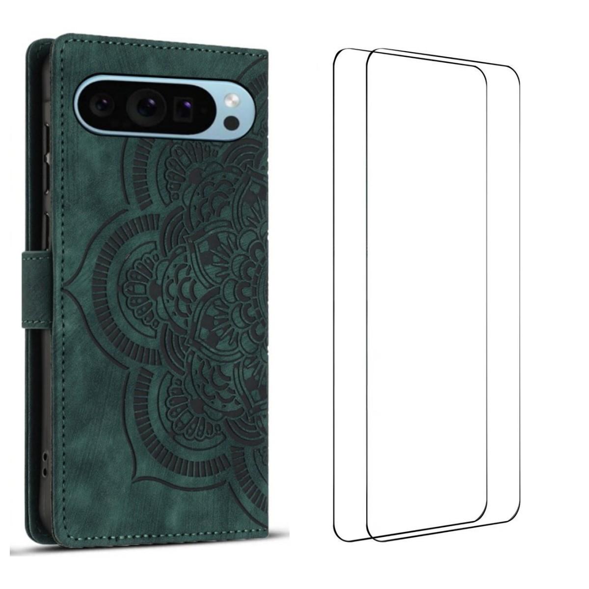 

For Google Pixel 9 Case with 2Pcs Tempered Glass WANLONFENG MTL Series Mandala Leather Phone Cover Midnight Green