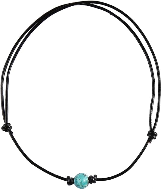 

Barch Young Single Turquoise Choker Necklace with Black Leather Cord for Men and Women, 12-25 Inch, Leather, No Gemstones