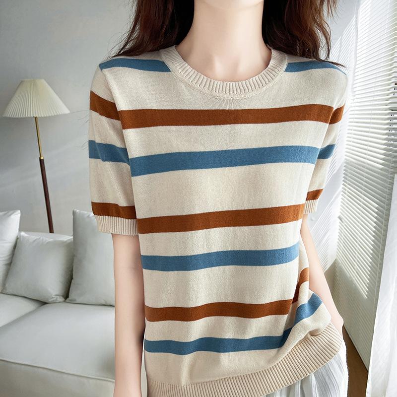

Pure Cotton Knitted Striped Short-sleeved T-shirt for Women In Summer New Contrasting Colors Fashionable Niche Design Sense Base T-shirt S