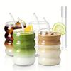 2 High Borosilicate Glass Coffee Cups 350ML/11.8oz with Straw and Brush, Vintage Ripple Design, Transparent Aesthetic Drinkware