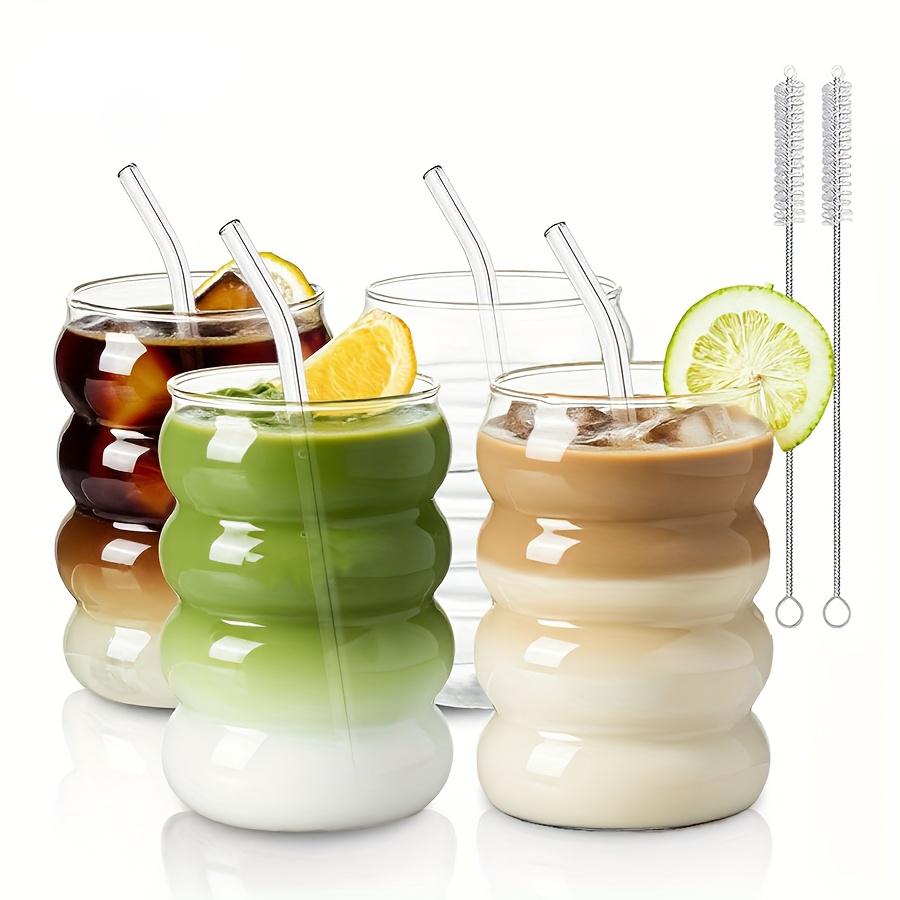 2 Tazas de Café de Vidrio de Borosilicato Alto 350ML/11.8oz con Pajita y Cepillo, Diseño Ondulado Vintage, Cristalería Estética Transparente