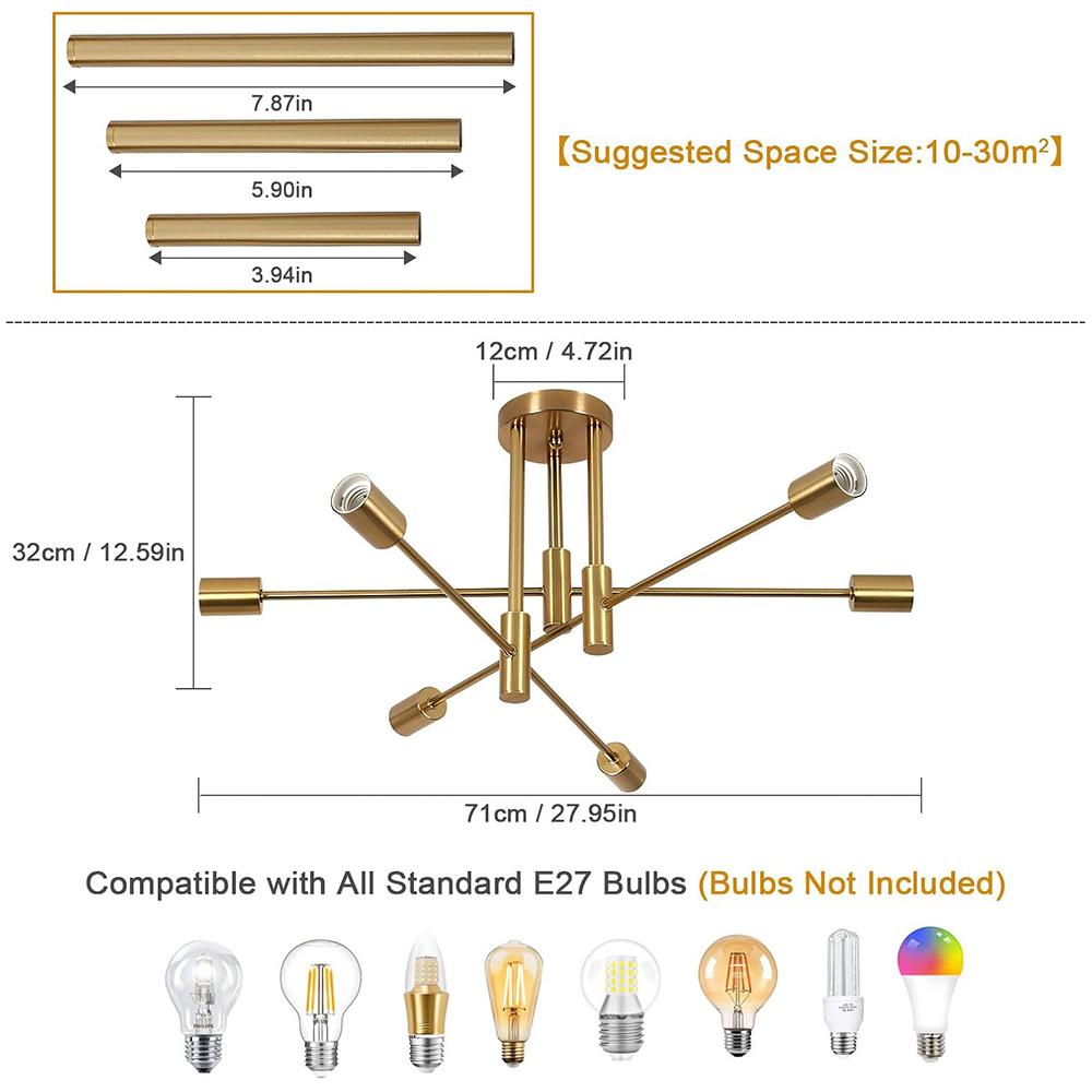 

Vintage Ceiling Light 6 Bulbs E27 Socket Gold Chandelier Retro Sputnik Ceiling Lamp for Bedroom Living Room Kitchen Bulbs Not Included