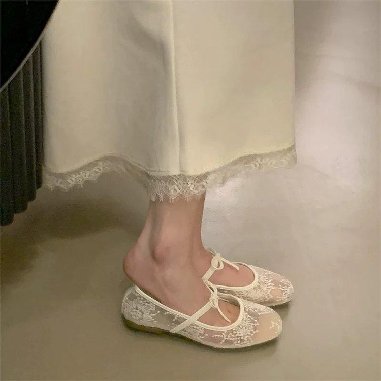 Damen Frühling Sommer Mary Jane Schuhe Ballerinas Atmungsaktives Mesh Stickerei Flats Süße Schleife Weibliche Tägliche Gehsandalen