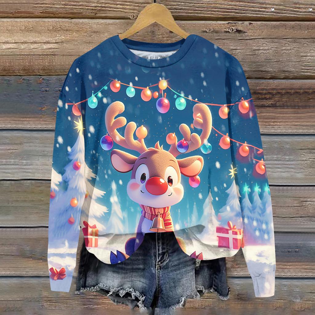 Ladies' Christmas Printed Long Sleeved Round Neck Hoodie Loose Top