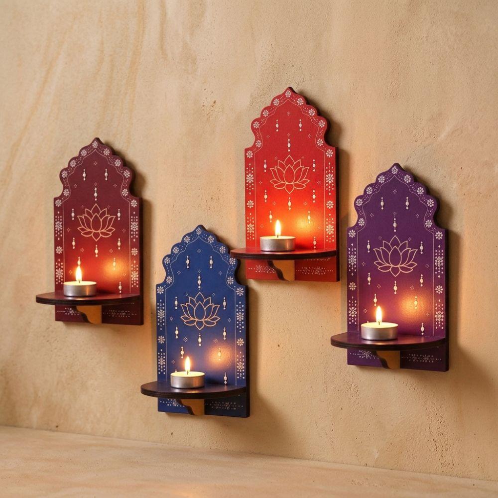 Meditation Wood Indian Wall Candle Holder Hand Painted Diwali Candle Stand  Yoga Room