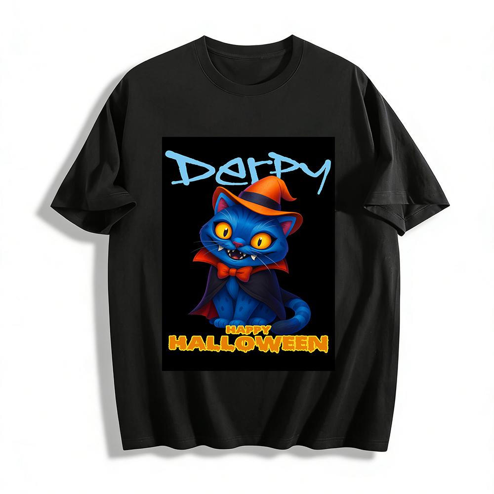 

Derpy Blue Cat Halloween Print Top Fun Holiday Vibe Loose Casual Unisex T-shirt Pure cotton T-shirt XXS