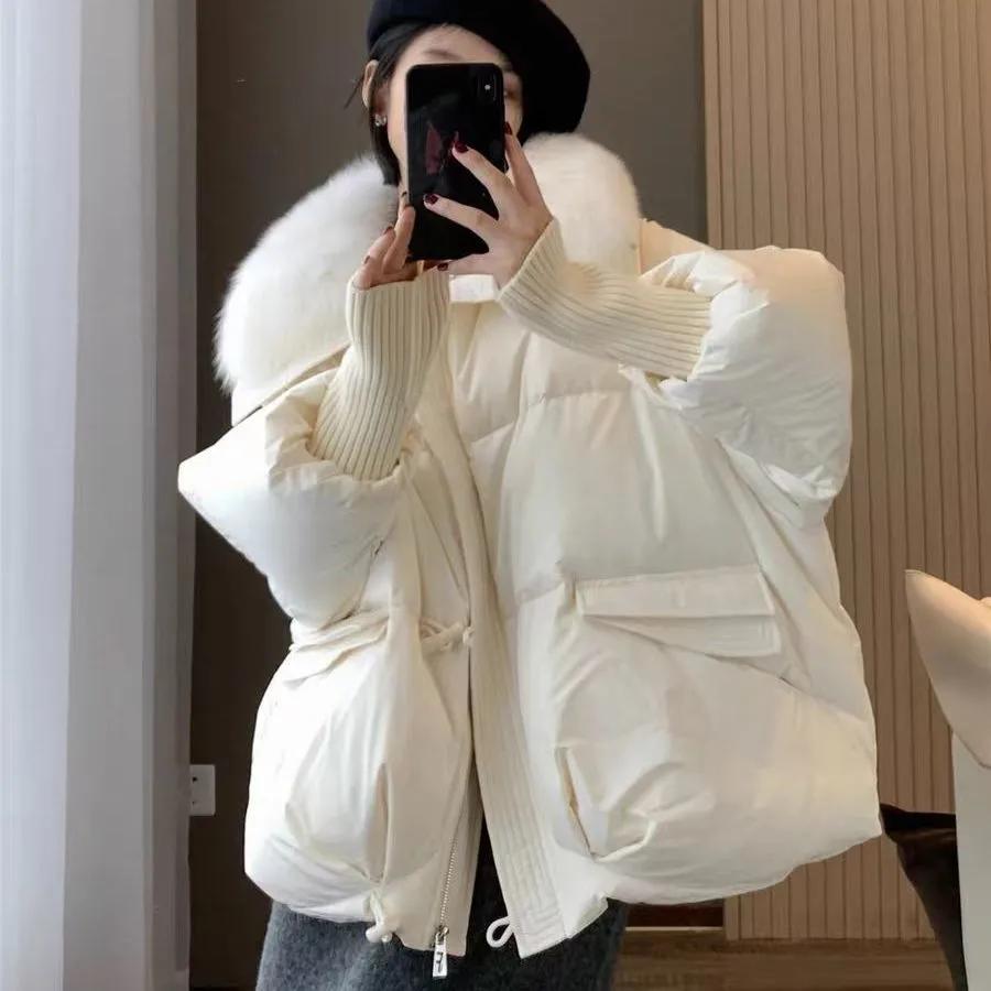 

Женская зимняя парка с меховым воротником, женская теплая куртка для снега с утолщением, большой карман, застежка-молния, верхняя одежда из искусственного меха 2XL белый