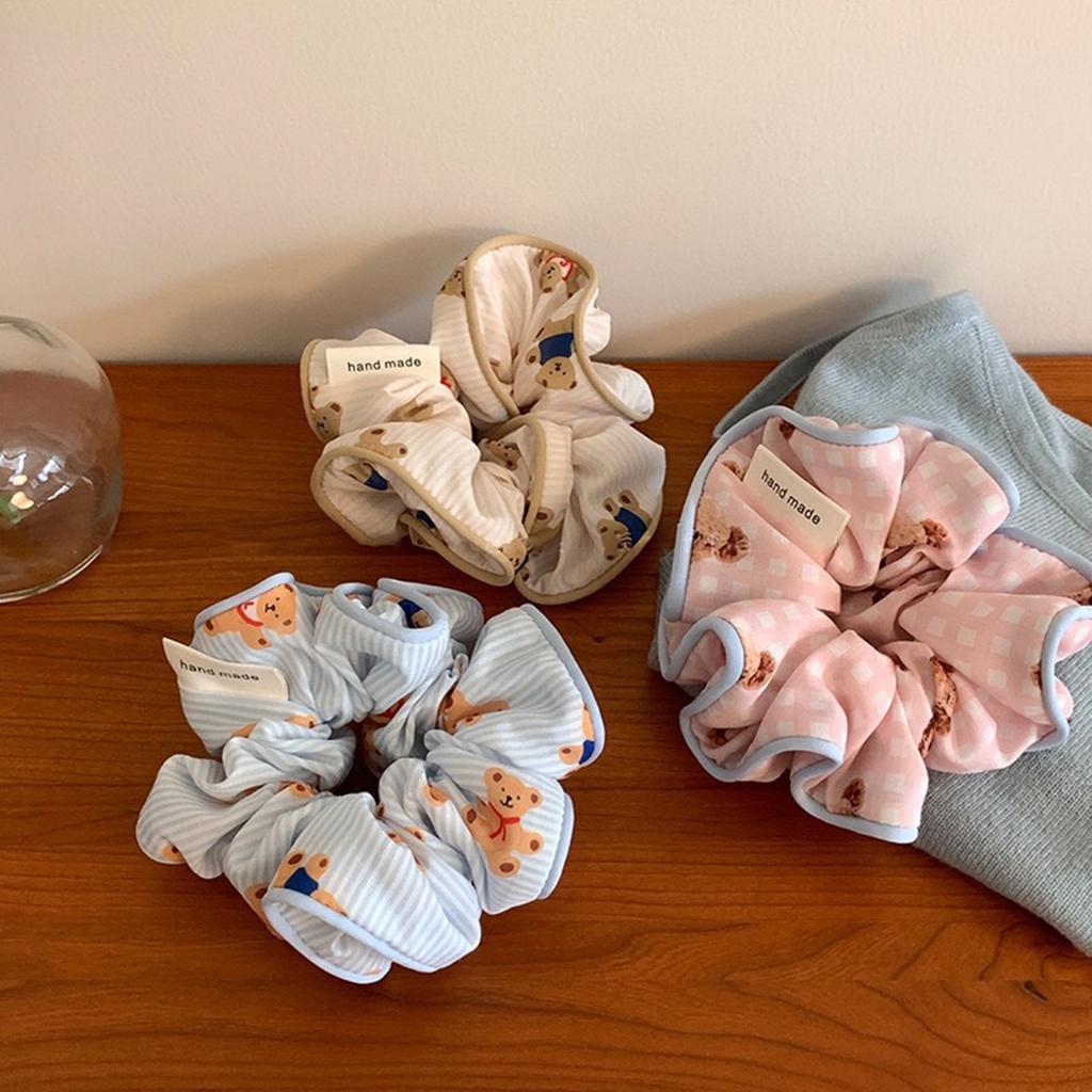 Bear Pattern Scrunchie Hair Tie Cute Korean Style Hair Accessories for Women Girls Ponytail Holder Soft Elastic Hairband