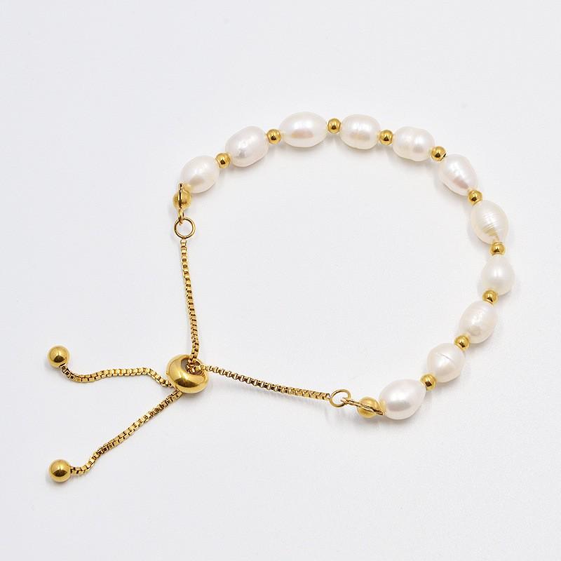18K Gold Plated Freshwater Pearl Adjustable Pull-Through Bracelet Women Lightweight Luxury Handmade Beaded Jewelry