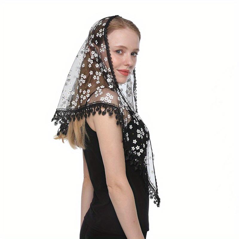 Women Triangle Scarf for Church Prayer Shawl Embroidered Lace Veil Floral Headcovering Tassel Veils Mantillas for the Church's