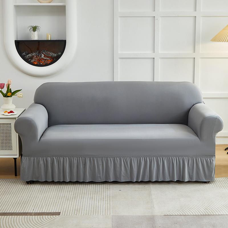 1pc Stretch Sofa Cover With Skirt Solid Color Dustproof Non-slip Adjuatable Sofa Slipcover for Bedroom Living Room Home Decor