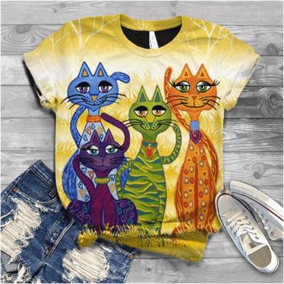 Cartoon 3D Printed Cat T-Shirt For Women Cute Animal Tees Summer Oversized Tops Short Sleeves Personality Round Neck T Shirts