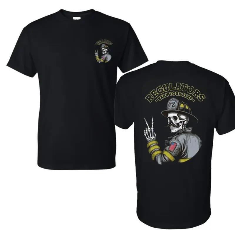 Regulators Firefighter Skull Graphic T-Shirt, Bold Skeleton Design, Premium Cott S