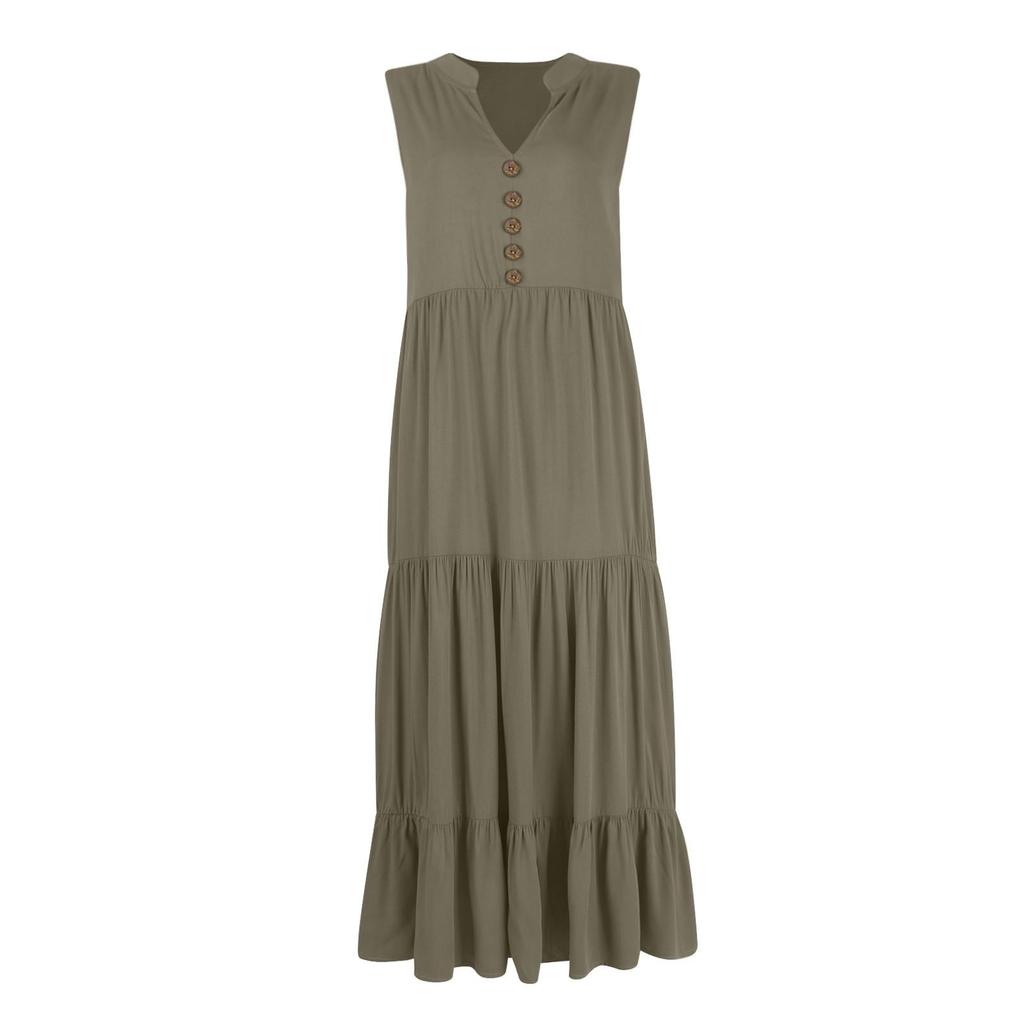 Women's Fashion Sleeveless Pleated Loose V-Neck Mid-Length Solid Colour Dresses