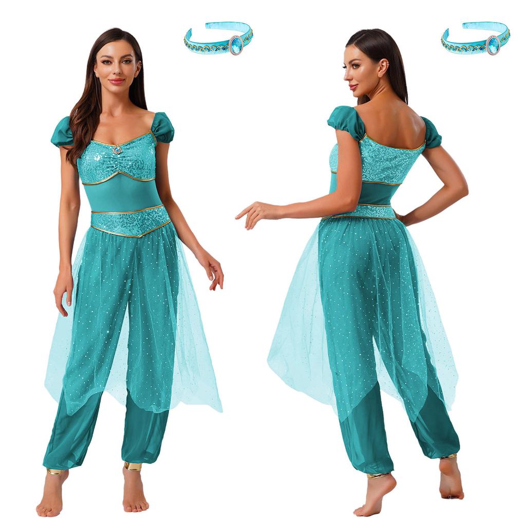 S-XXL Womens Arab Princess Cosplay Belly Dance Jumpsuit with Headwear and Detachable Sleeves Gem Decor Tulle Overlay Rompers Halloween Costume