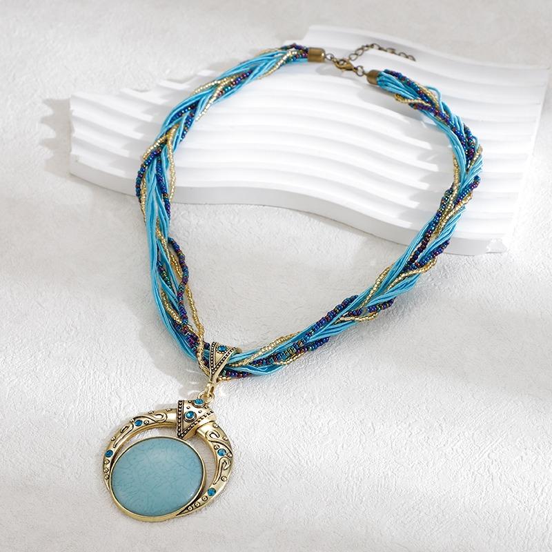 El Yapımı Dokuma Pirinç Boncuk Kolye Bohem Vintage Yuvarlak Değerli Taş Kolye Rahat Unisex Boyun Aksesuarları
