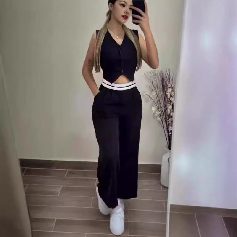 Women Fashion V Neck Sleeveless High Waist Wide Leg Pants Casual Two Piece Set