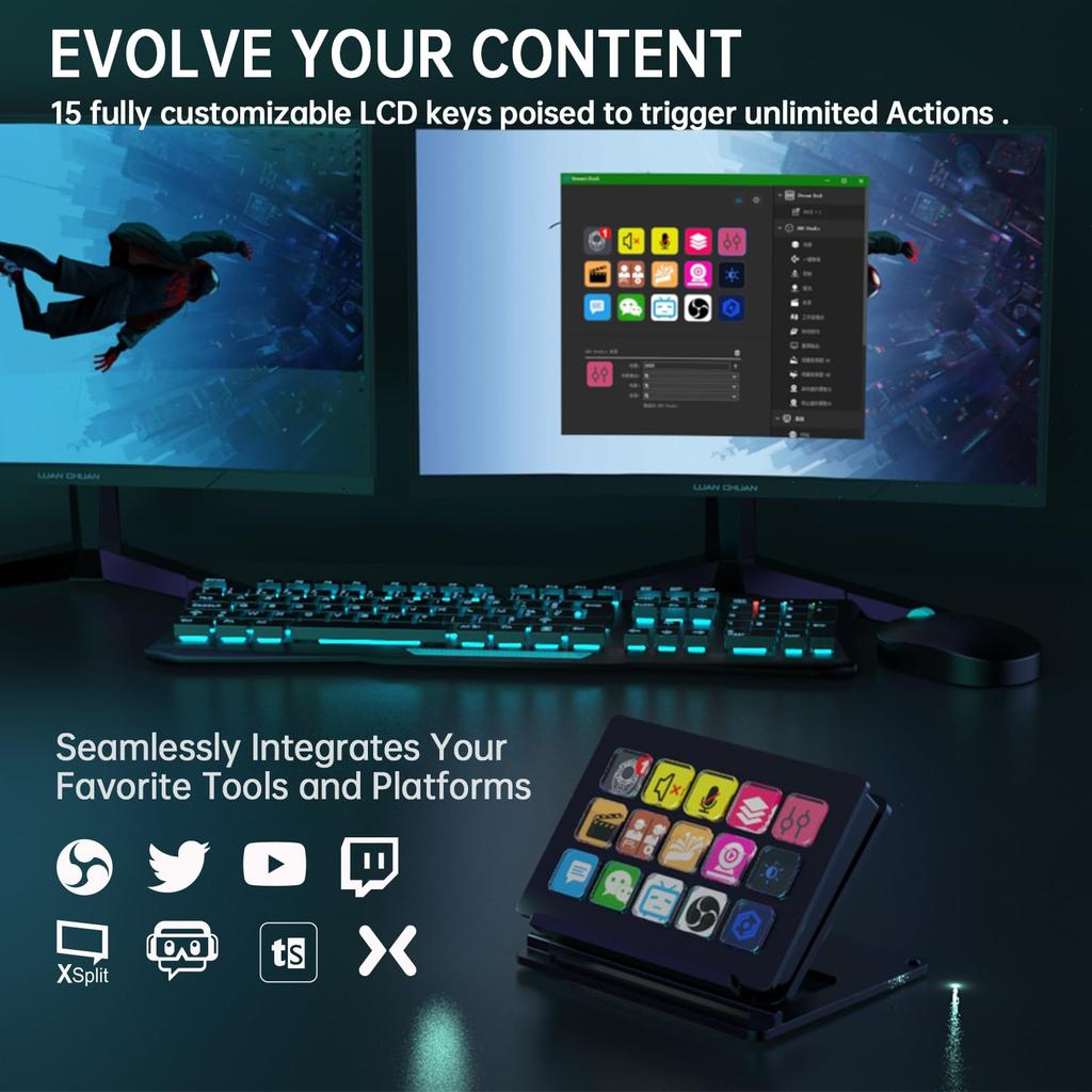 Stream Controller Deck with 3 Sticker Stream Dock with 15 Customizable LCD Trigger Actions for OBS and for MT-VIKI Skins, Keys, Studio, Streamlabs,