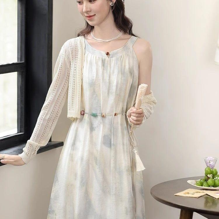Plus Size Women's Chinese Ink Wash Dress & Sun Protection Cardigan Set