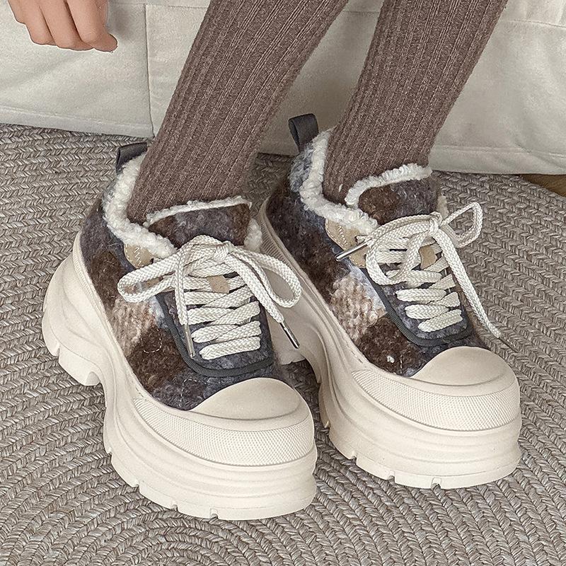 Leopard print board shoes platform heightening CM new lamb wool fleece lace-up casual sports shoes couple bread shoes