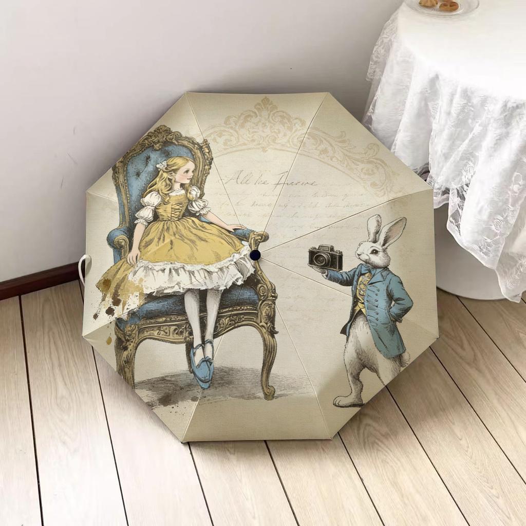 1 Vintage Alice 8-Rippen Winddichter Regenschirm - Künstlerischer Und Stilvoller Automatischer Faltbarer Reise-Regenschirm mit Cartoon-Muster-Design, Hergestellt aus Langlebig