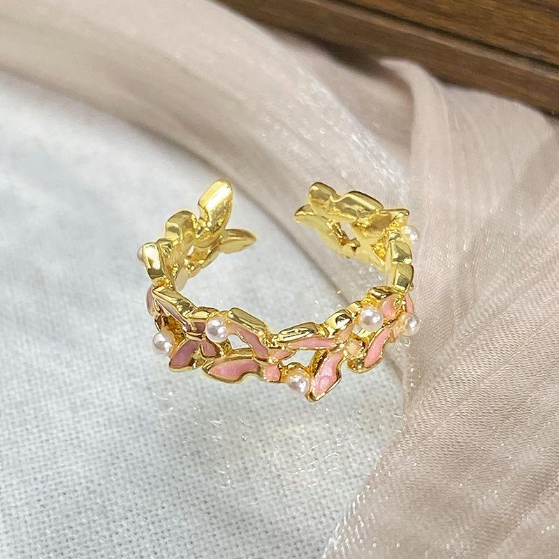 Gold Medieval Vintage Enamel Peach Blossom Butterfly Ring Niche Light Luxury High Sense French Retro Ring Woman