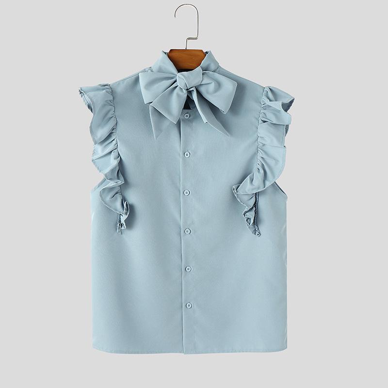 

INCERUN Summer Men Ruffled Sleeveless Bow Tie Buttons Shirts Tank Tops 5XL синий
