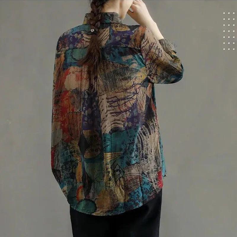 Women Vintage Print Cotton Linen Button Up Shirt Spring Autumn Fashion Lapel Long Sleeve Blouse Loose Tops