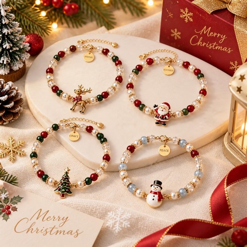 Santa Claus Crystal Beaded Bracelet Snowman Women Bangle Christmas Bracelets Party Favor