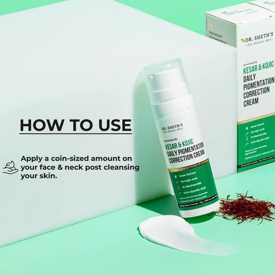 DR. Sheth's Kesar & 2 % Kojisäure – Tägliche Gesichtscreme zur Pigmentkorrektur | Leicht & nicht fettend | Mit 1 % Niacinamid & 0,5 % Glykolsäure | Unisex | 30 g