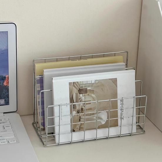 Magazine Holder Book Stand with 3 Vertical Compartments Hollow Design Rustproof Storage Rack Office Desk Organizer