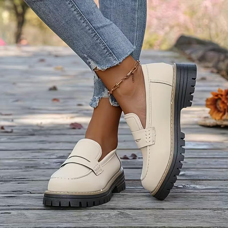 Woman Loafers Retro Autumn Ladies Large Size Frosted British Thick Heel Round Toe Rubber Outsole Korean Style Casual Shoes