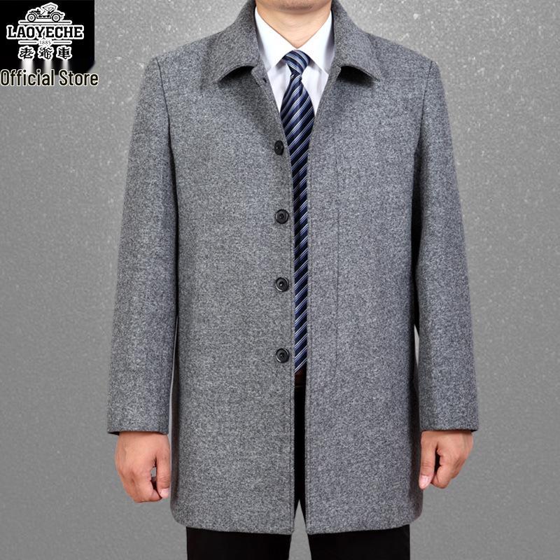 Men's Classic Wool Coat - Mid-Length, Thickened Cashmere for Autumn/Winter, Ideal for Middle-Aged & Elderly.