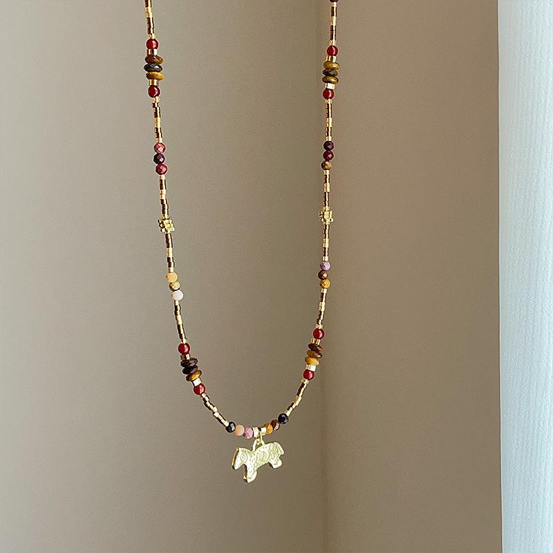 Minar Cartoon Colorful Natural Stone Pony Pendant Necklace Woven Rope Horse Collarbone Double Layers Metallic Chain Choker