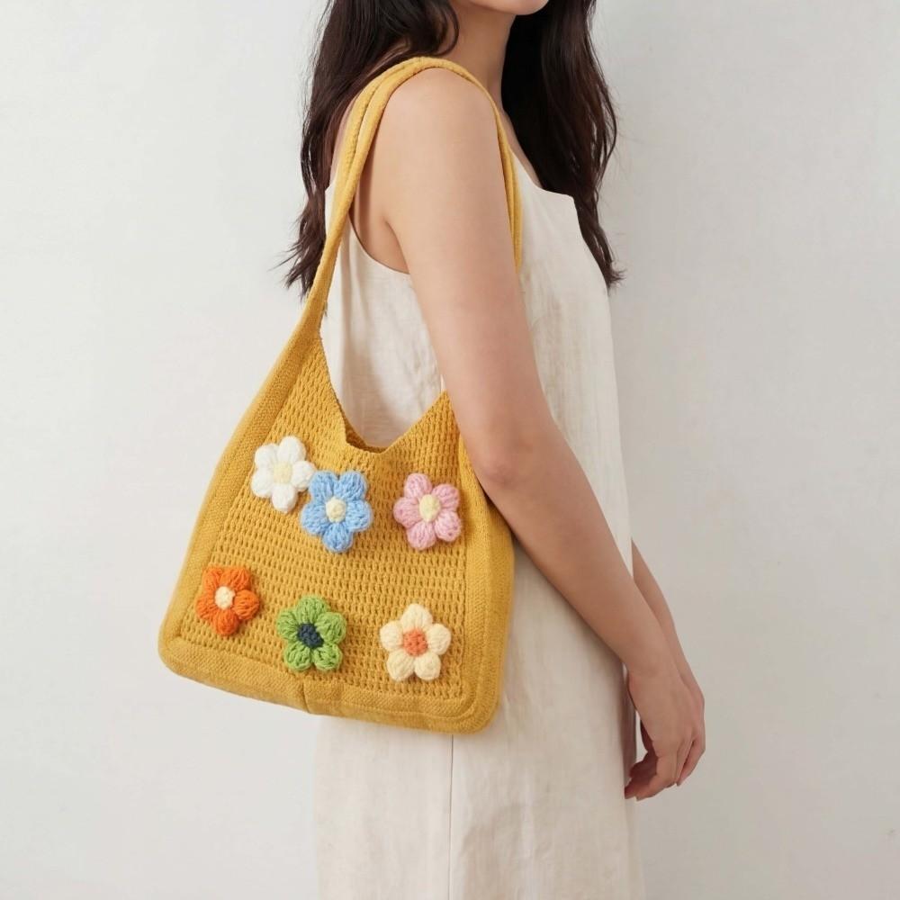 Sweet Knitted Tote Bag Breathable Seaside Vacation Handbag Storage Bag Crochet Shoulder Bag School