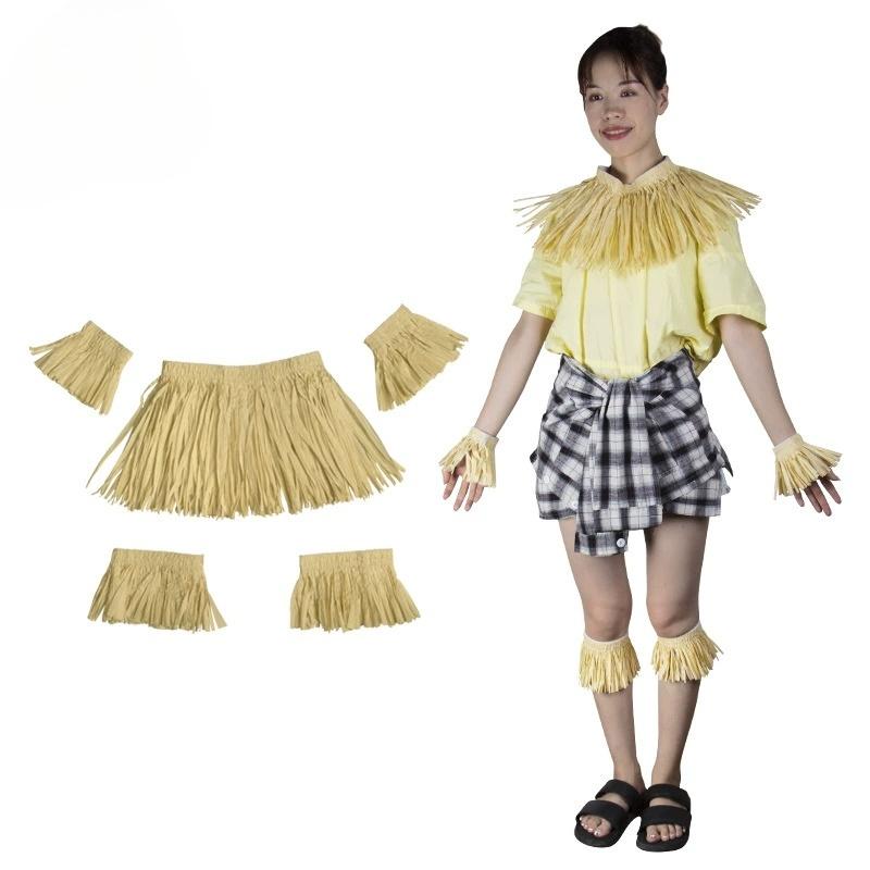 

5Pcs Hawaiian Hula Grass Skirt Set With Wristbands Natural Raffia Skirt For Adults Beach Party Halloween Costume 5pcs set
