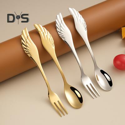 Stainless Steel Fruit Fork Mirror Polish Long Handle Creative Wing Coffee Spoon Dessert Fork Kitchen Gadget